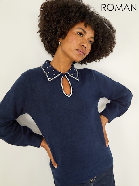 Roman Blue Faux Pearl Collared Keyhole Knit Jumper (Y30886) | £42