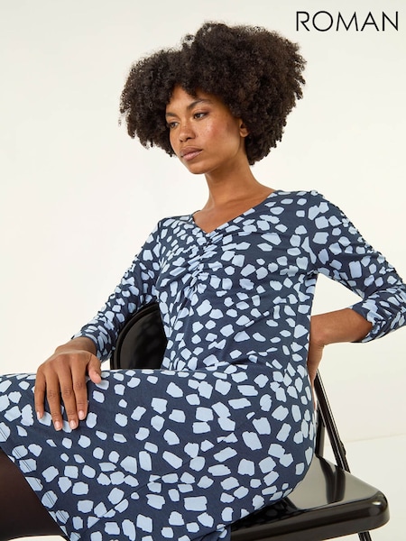 Roman Blue Geometric Gathered A-Line Dress (Y30917) | £45