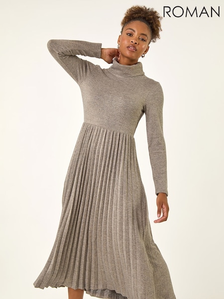 Roman Grey High Neck Pleated Midi Dress (Y30920) | £58