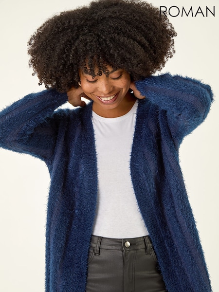 Roman Blue Fluffy Textured Knit Longline Cardigan (Y30922) | £55