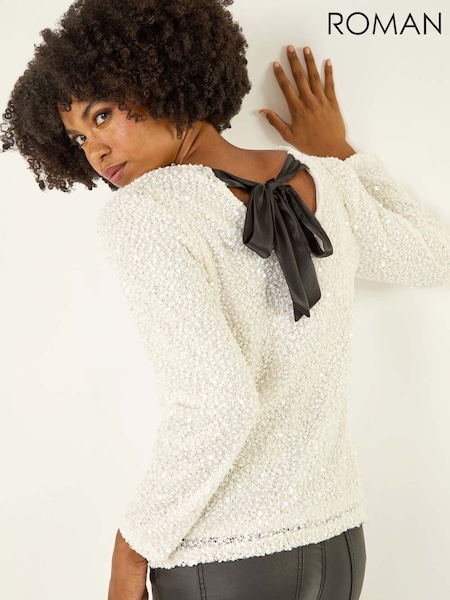 Roman White Sequin Bow Back Snit Blouse (Y30925) | £45