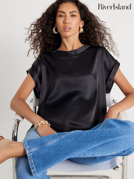 River Island Black Satin Turn Back Cuff T-Shirt (Y30980) | £26