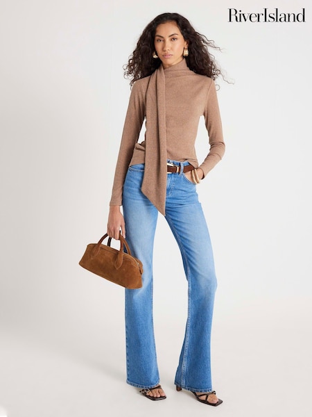 River Island Brown Scarf Tie Neck Rib Top (Y30983) | £29
