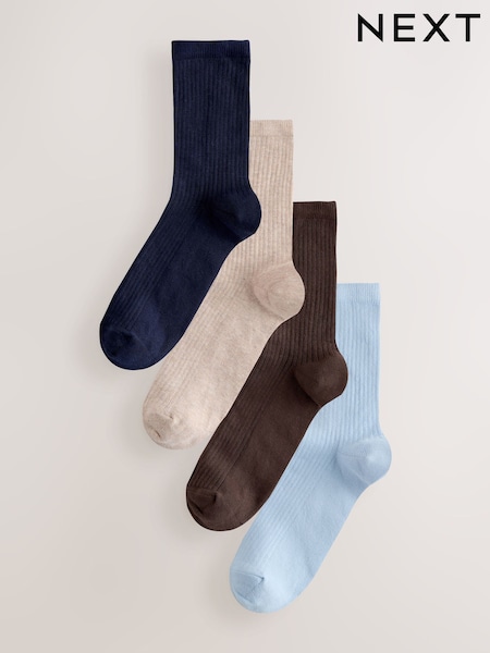 Chocolate Brown/Blue Ribbed Ankle Socks 4 Pack (Y31483) | £10