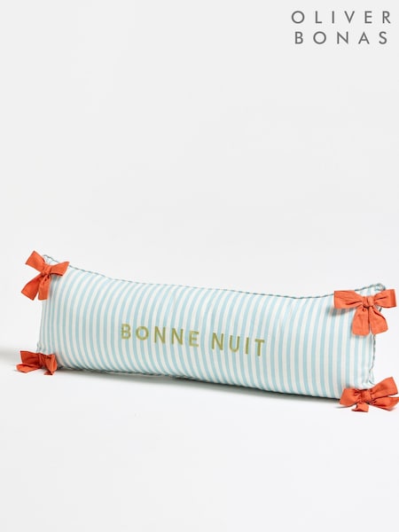 Oliver Bonas Blue Striped Bonne Nuit Bow Bolster Cushion Cover 30x90cm (Y31492) | £35