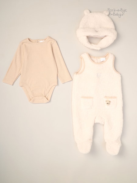 Rock-A-Bye Baby Boutique Baby Borg White Dungarees Bodysuit and Hat Set 3 Piece (Y31774) | £20