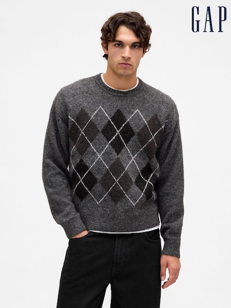 Gap Grey Wool-Blend Relaxed Argyle Jumper (Y31858) | £60