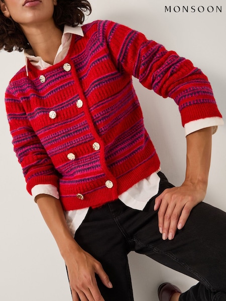 Monsoon Red Starla Stripe Double Breasted Cardigan (Y31874) | £69