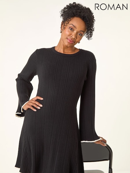 Roman Black Petite Contrast Trim Knit Dress (Y31909) | £50