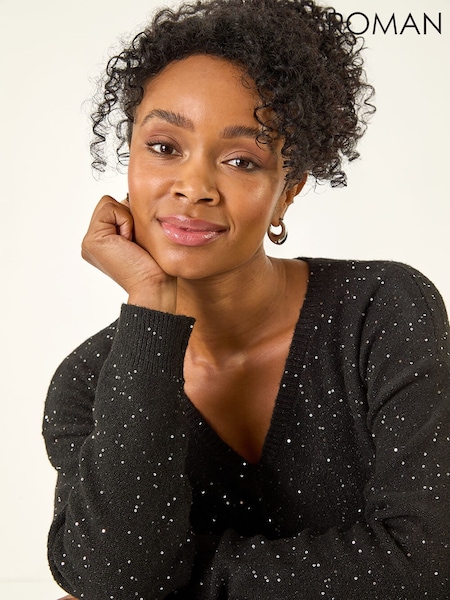 Roman Black Petite Petite Sparkle V-Neck Knit Jumper (Y31929) | £36