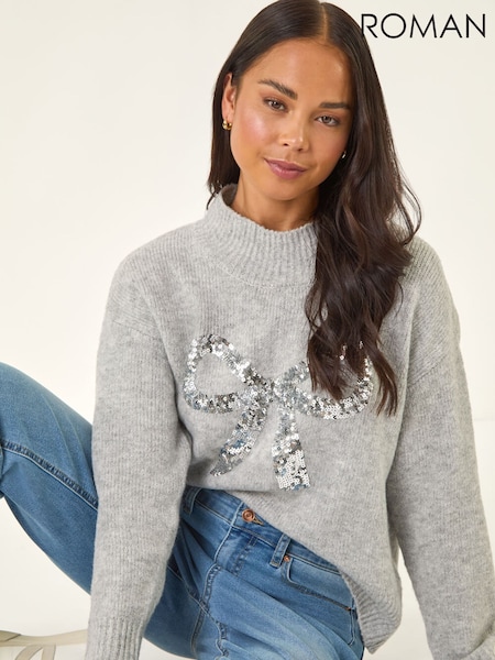 Roman Grey Petite Sequin Bow Knit Jumper (Y31930) | £35