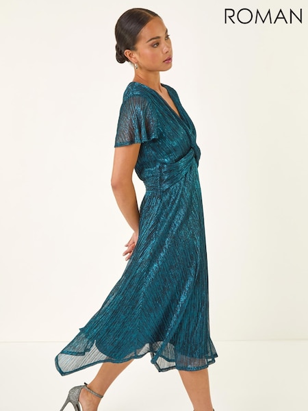 Roman Blue Petite Shimmer Twist Front Midi Dress (Y31943) | £68