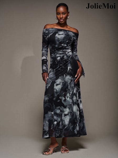 Jolie Moi Black Long Sleeve Slash Neck Maxi Dress (Y32202) | £75