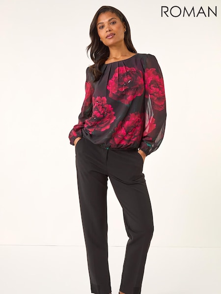 Roman Red Floral Print Sequin Blouse (Y32212) | £45