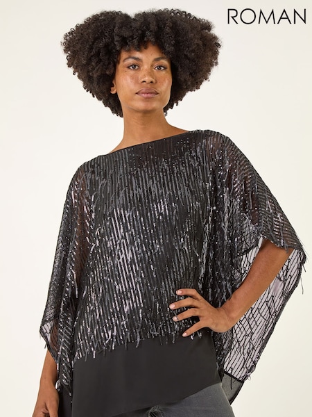 Roman Grey Sequin Mesh Chiffon Hem Tunic Top (Y32213) | £58