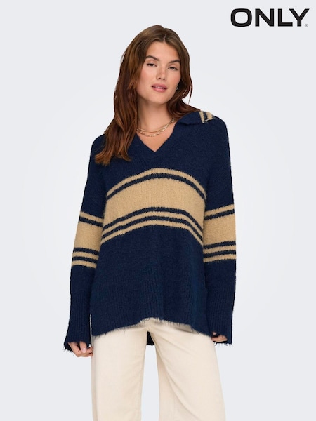 ONLY Blue V-Neck Collar Polo Knitted Jumper (Y32353) | £42