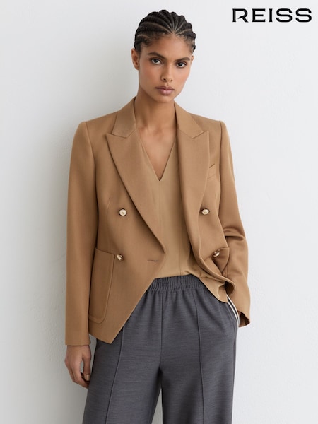Reiss Camel Gigi Petite Wool-Blend Double-Breasted Blazer (Y32421) | £298