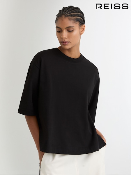 Reiss Black Lara Cotton Ribbed-Neck Oversized T-Shirt (Y33028) | £48