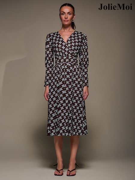 Jolie Moi Brown Puff Long Sleeve Jersey Midi Dress (Y33055) | £75