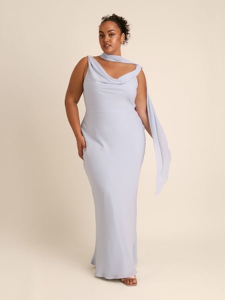 Six Stories Blue Plunge Cowl Front Crepe Bridesmaid Dress with Neck Scarf (Y33129) | £90