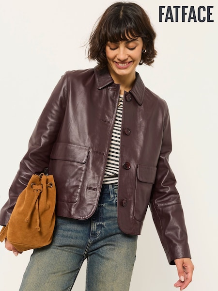 Plum Purple - Fatface 100% Leather Boxy Fit Jacket