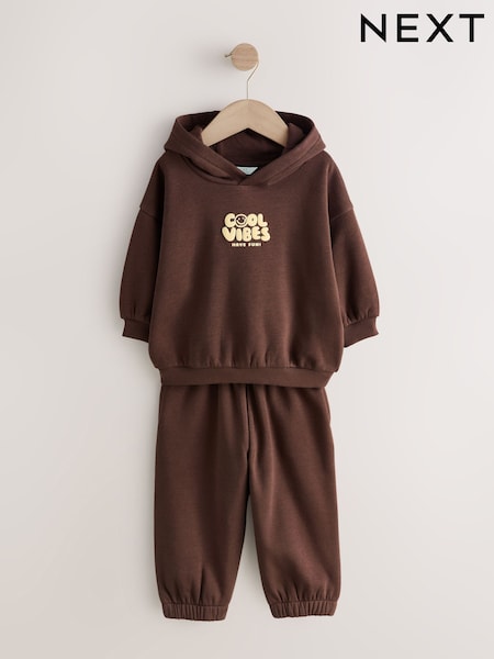 Chocolate Brown Cool Vibes Printed Hoodie and Joggers Set (3mths-7yrs) (Y33588) | £15 - £19