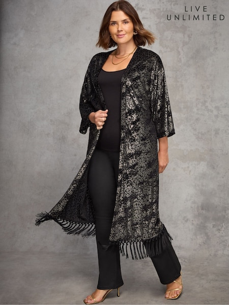 Live Unlimited Black Devore Longline Fringe Kimono (Y33657) | £109