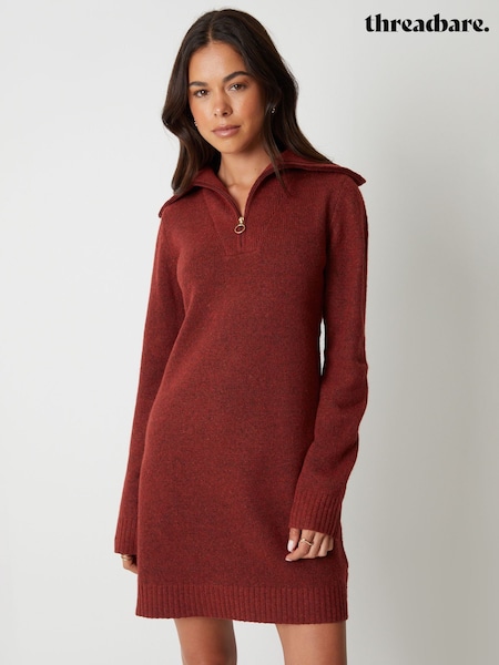 Threadbare Orange Quarter Zip Brushed Knit Mini Dress (Y33771) | £34