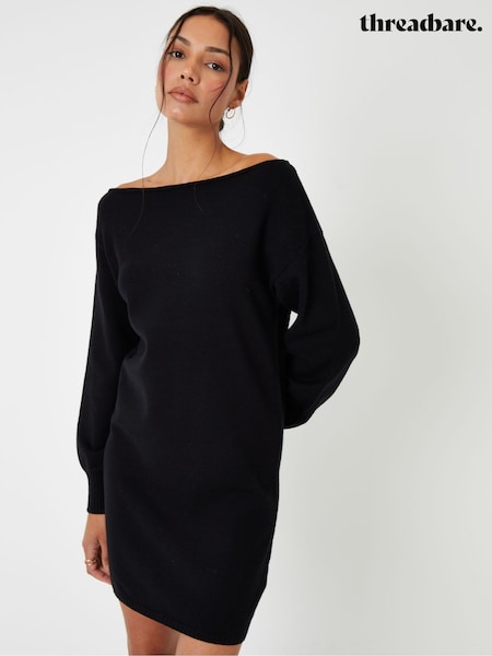 Threadbare Black Slash Neck Knitted Mini Dress (Y33773) | £32