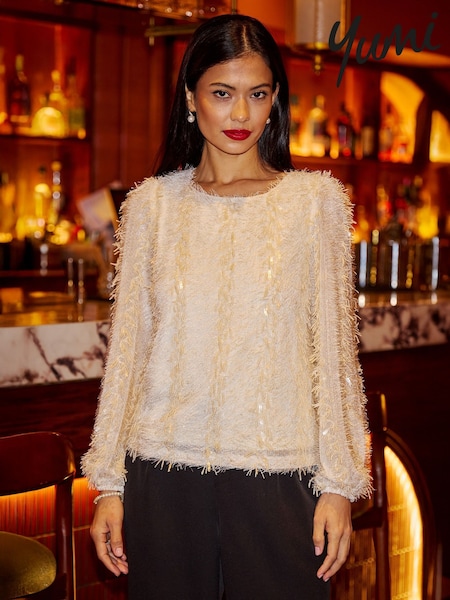 Yumi Cream Hanging Sequin Long Sleeve Top (Y33852) | £50