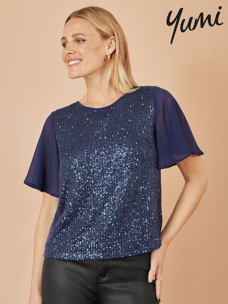 Yumi Blue Sequin Top With Sheer Sleeves And Cut Out Back (Y33854) | £45