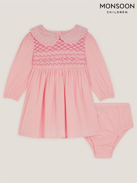 Monsoon Pink Baby Floral Smocked Dress & Briefs Set (Y34030) | £32 - £36