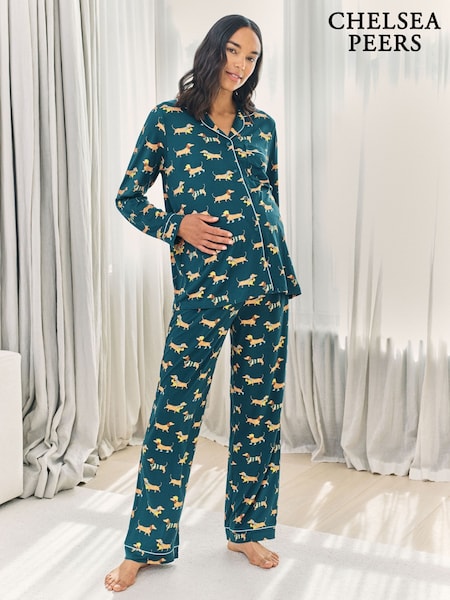 Chelsea Peers Green Maternity Sausage Dog Stroll Print Long Pyjama Set (Y34036) | £45