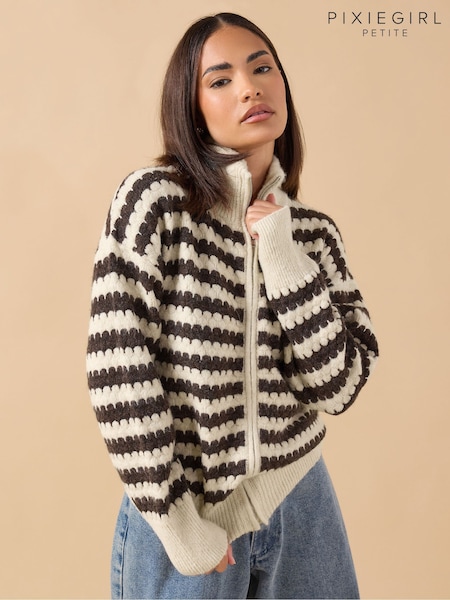 PixieGirl Petite Brown Scallop Stripe Zip Bomber Jacket (Y34225) | £34