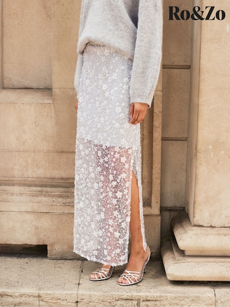 Ro&Zo Silver Crystal Sequin Beaded Skirt (Y34486) | £99