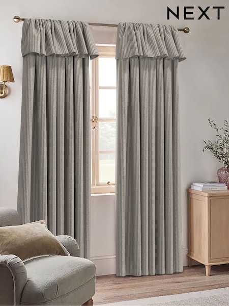Charcoal Grey Brushed Stripe Ruffle Top Fold Over Lined Curtains (Y34628) | £55 - £130
