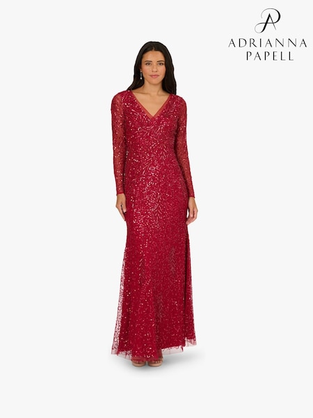 Adrianna Papell Red Long Sleeve Bead Long Dress (Y34886) | £349