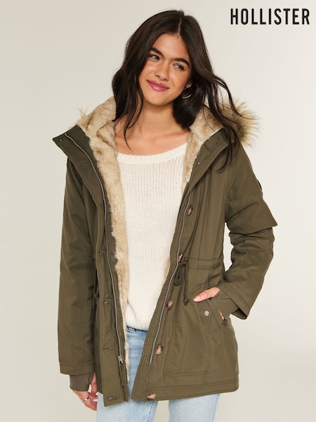 Hollister Teddy Lined Parka Coat With Faux Fur Hood (Y35140) | £99