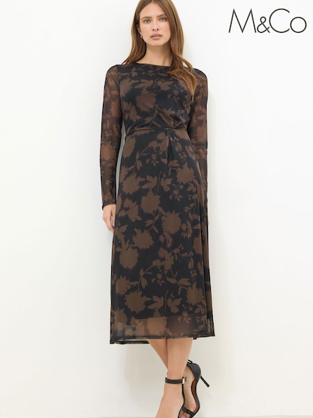 M&Co Brown Floral Mesh Twist Dress (Y35465) | £47