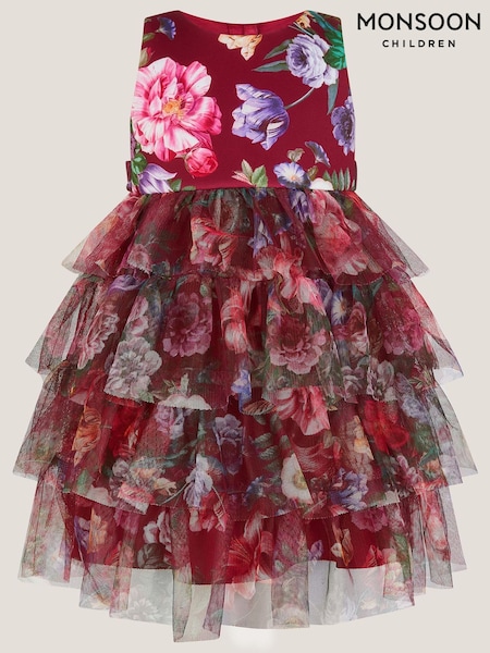 Monsoon Red Baby Christina Floral Tiered Party Dress (Y35522) | £42 - £47