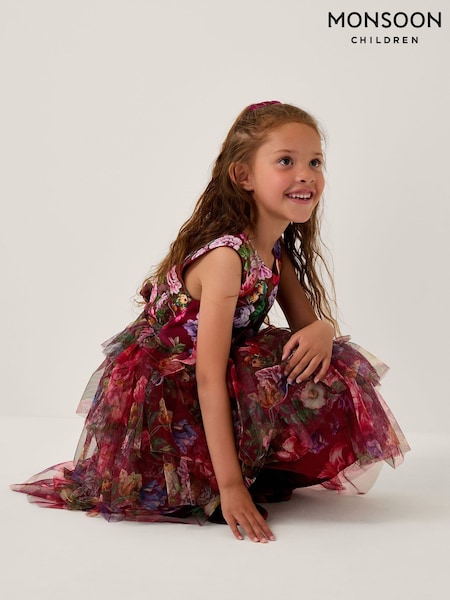 Monsoon Red Christina Floral Tiered Party Dress (Y35526) | £52 - £62
