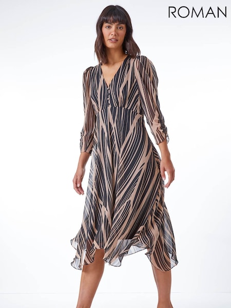 Roman Black Abstract Chiffon Wrap Asymmetric Midi Dress (Y35563) | £65