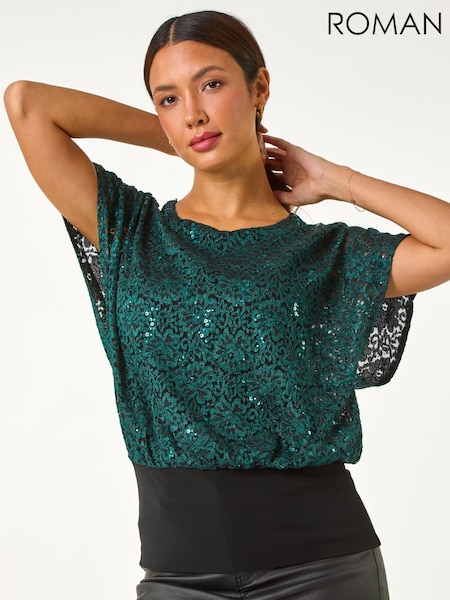 Roman Green Sequin Lace Overlay Stretch Blouse (Y35594) | £45