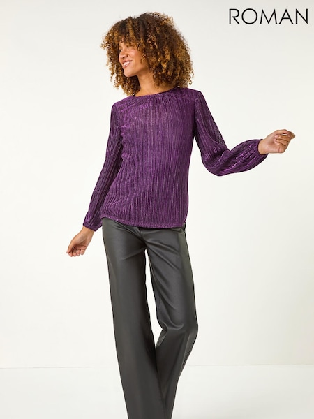 Roman Purple Shimmer Plisse Pleated Blouse (Y35620) | £40