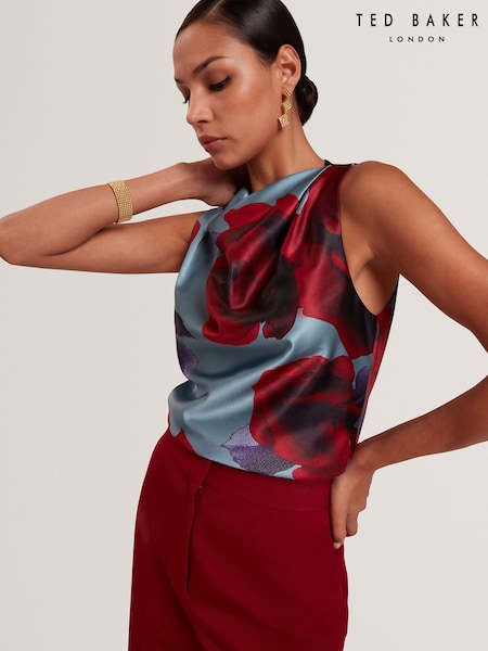 Ted Baker Blue Harplyn- Print Sleeveless Drape Neck Blouse (Y35946) | £119