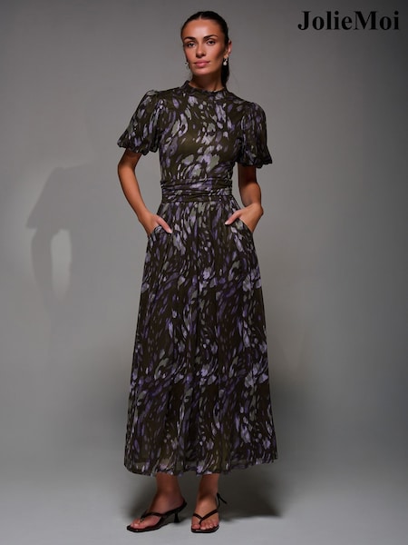 Jolie Moi Brown Puffy Sleeve Printed Mesh Maxi Dress (Y35986) | £85