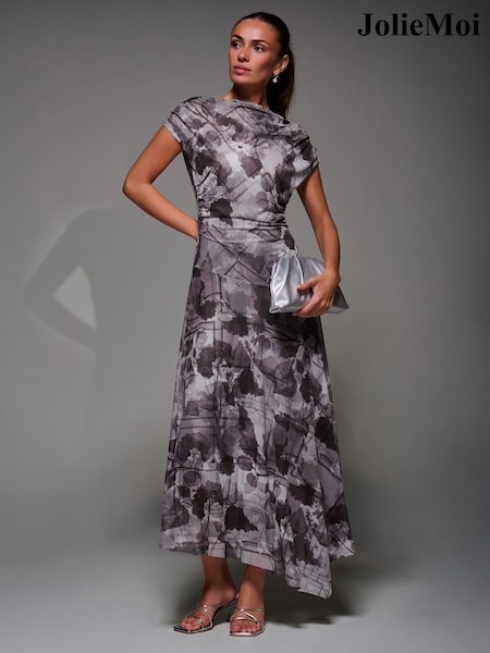 Jolie Moi Grey Asymmetrical Draped Slash Neck Midaxi Dress (Y35987) | £75