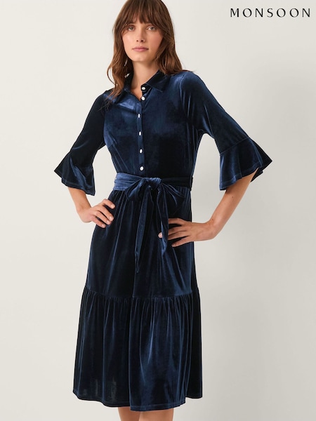 Monsoon Blue Tanya Velvet Midi Shirt Dress (Y36052) | £79