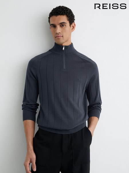Reiss Airforce Blue Findlay Merino Wool Wide-Rib Half-Zip Jumper (Y36106) | £110