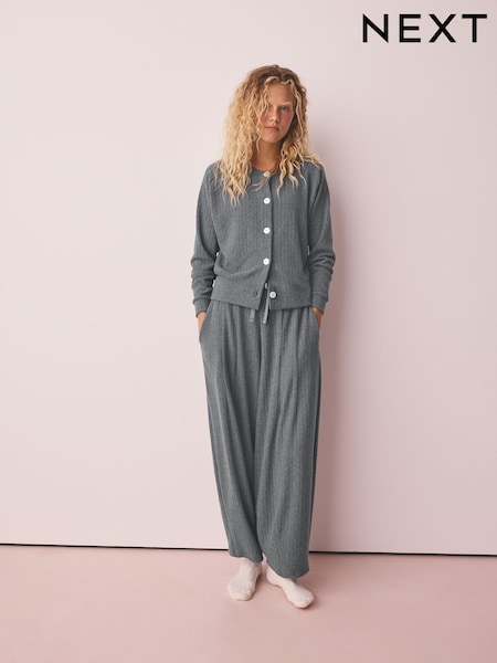 Grey - Cardigan And Barrel Leg Cosy Lounge Set